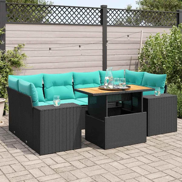 Salon de jardin 7 pcs avec coussins noir résine tressée 55 x 62 x 69 cm - 71,8 kg