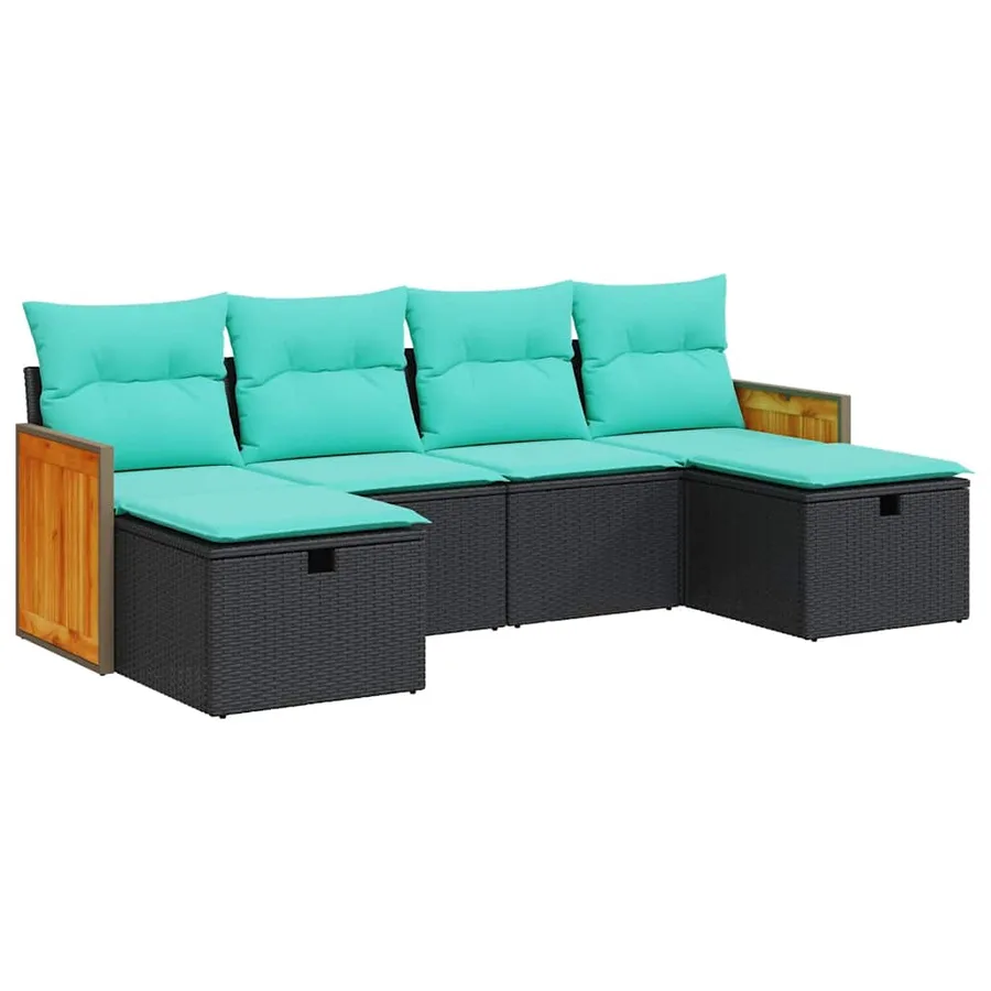 Salon de jardin 6 pcs avec coussins noir résine tressée - 2