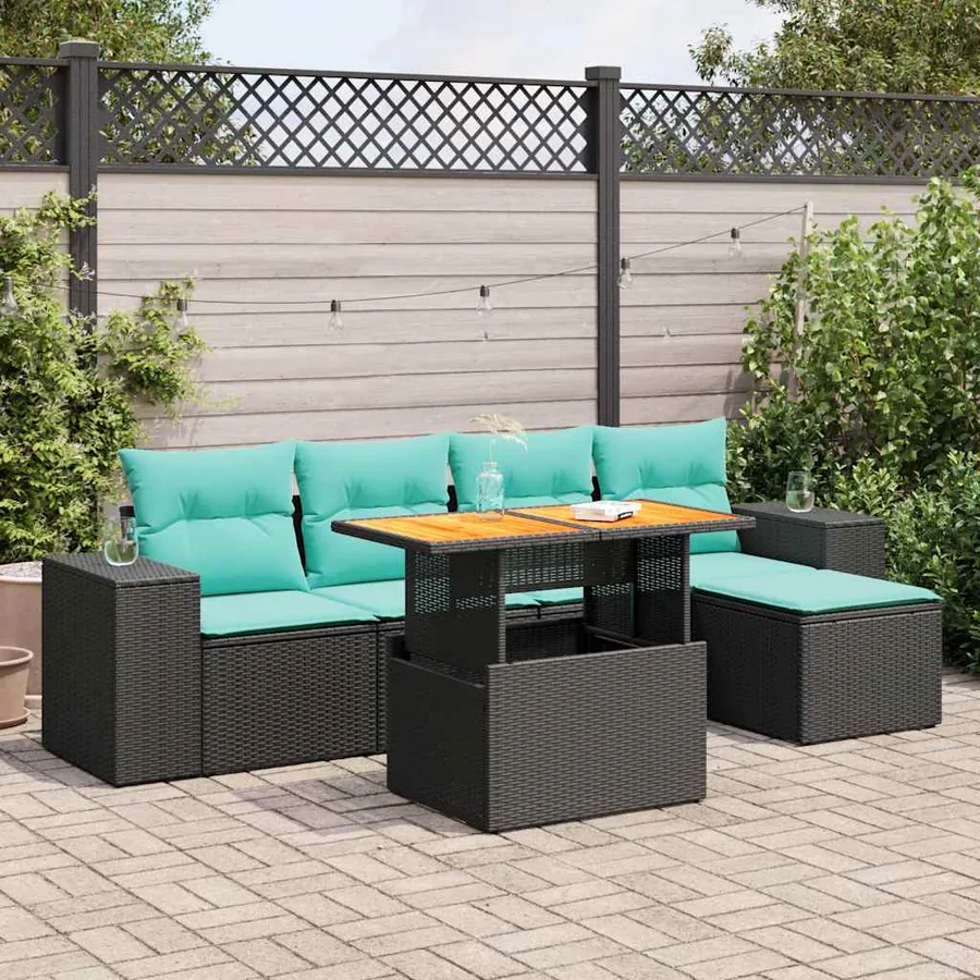Salon de jardin 6 pcs avec coussins noir résine tressée