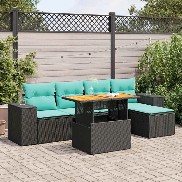 Salon de jardin 6 pcs avec coussins noir résine tressée