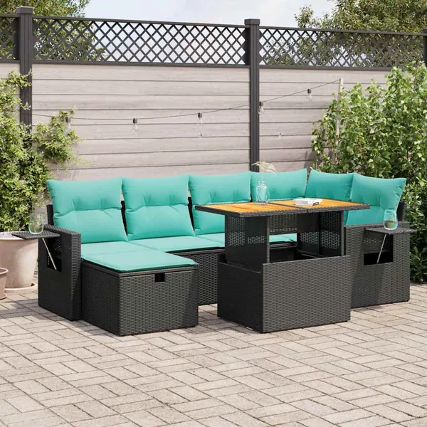 Salon de jardin avec coussins 7pcs marron résine tressée acacia