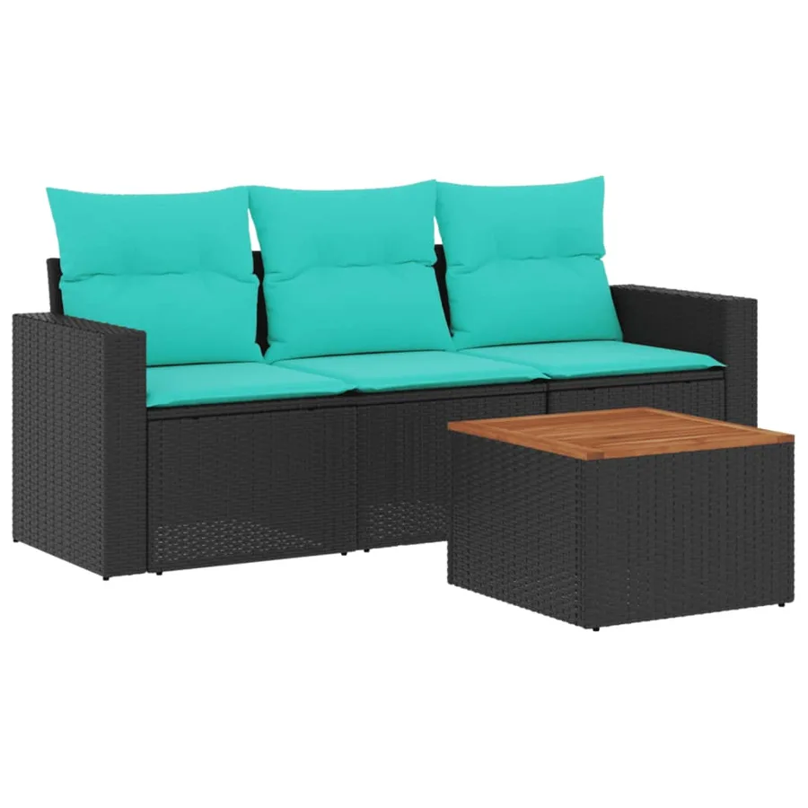 Salon de jardin 4 pcs avec coussins noir résine tressée - 2