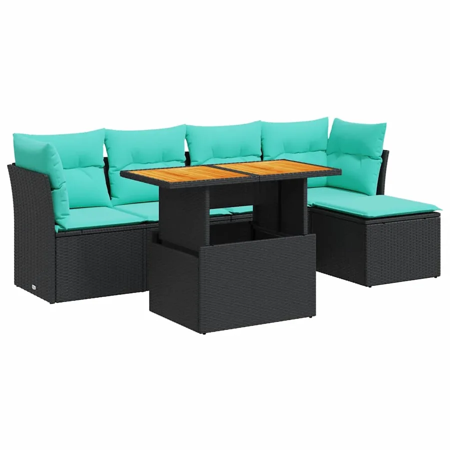 Salon de jardin 6 pcs avec coussins noir résine tressée - 2