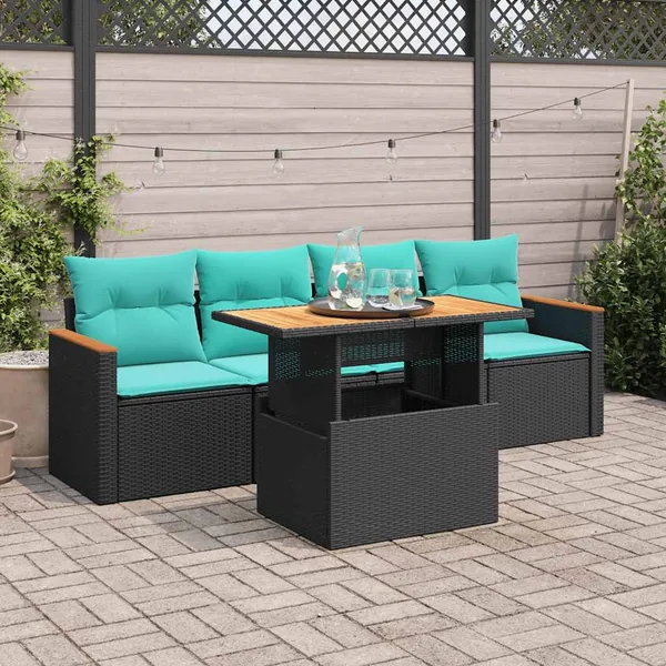 Salon de jardin 5 pcs avec coussins noir résine tressée