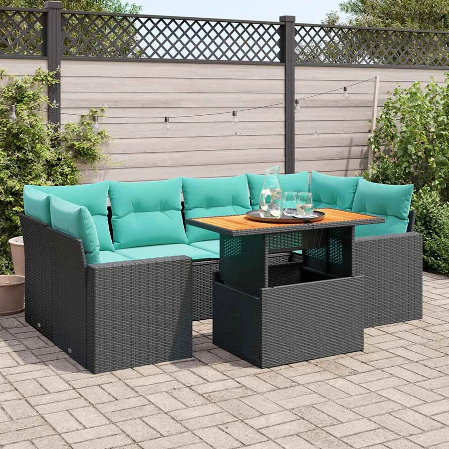 Salon de jardin 7 pcs avec coussins noir résine tressée 55 x 62 x 69 cm - 68,2 kg