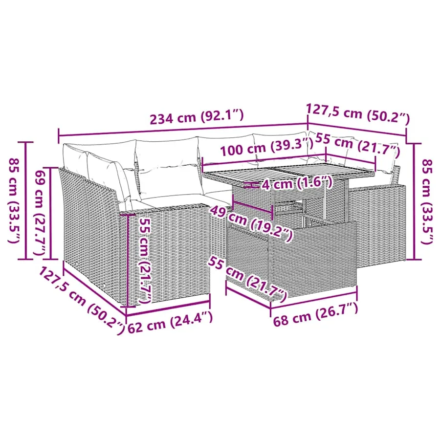 Salon de jardin 7 pcs avec coussins noir résine tressée 55 x 62 x 69 cm - 68,2 kg - 14