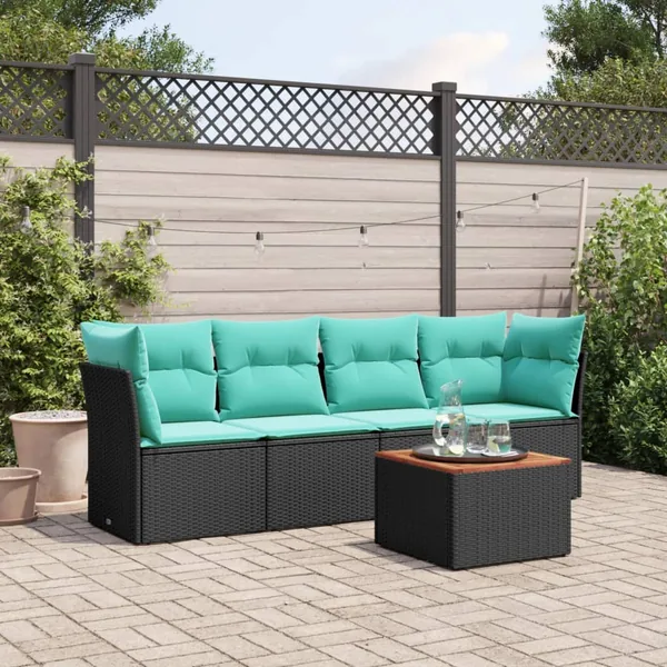 Salon de jardin 5 pcs avec coussins noir résine tressée