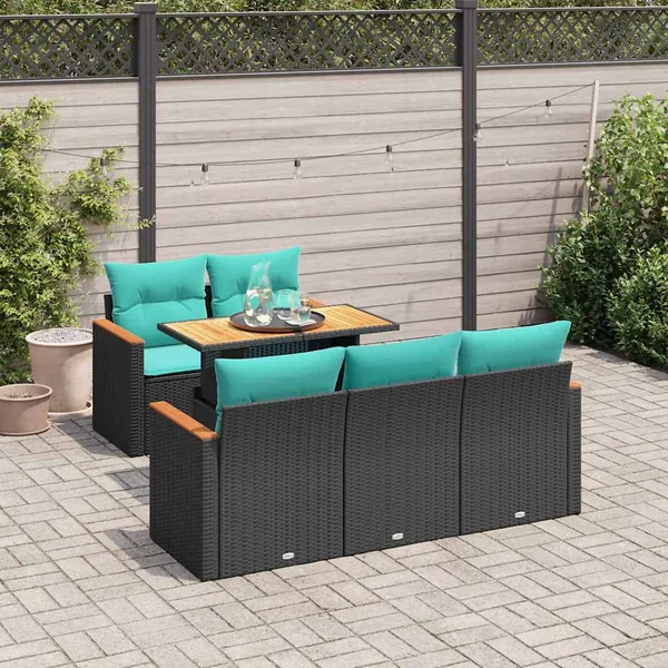 Salon de jardin 6 pcs avec coussins noir résine tressée