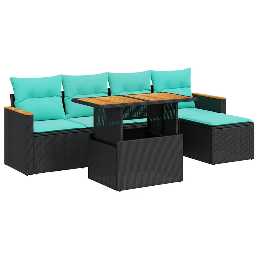 Salon de jardin 6 pcs avec coussins noir résine tressée - 2
