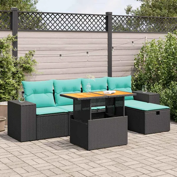 Salon de jardin avec coussins 6pcs marron résine tressée acacia