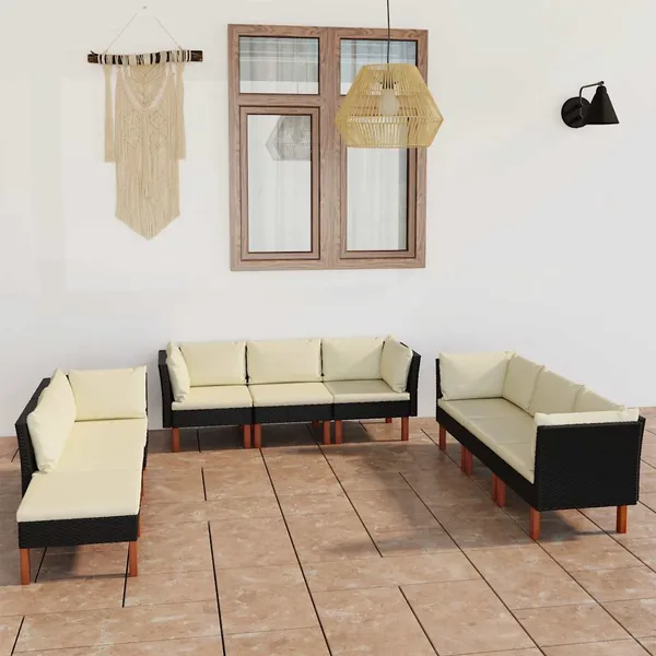 Salon de jardin 9 pcs avec coussins Résine tressée Noir