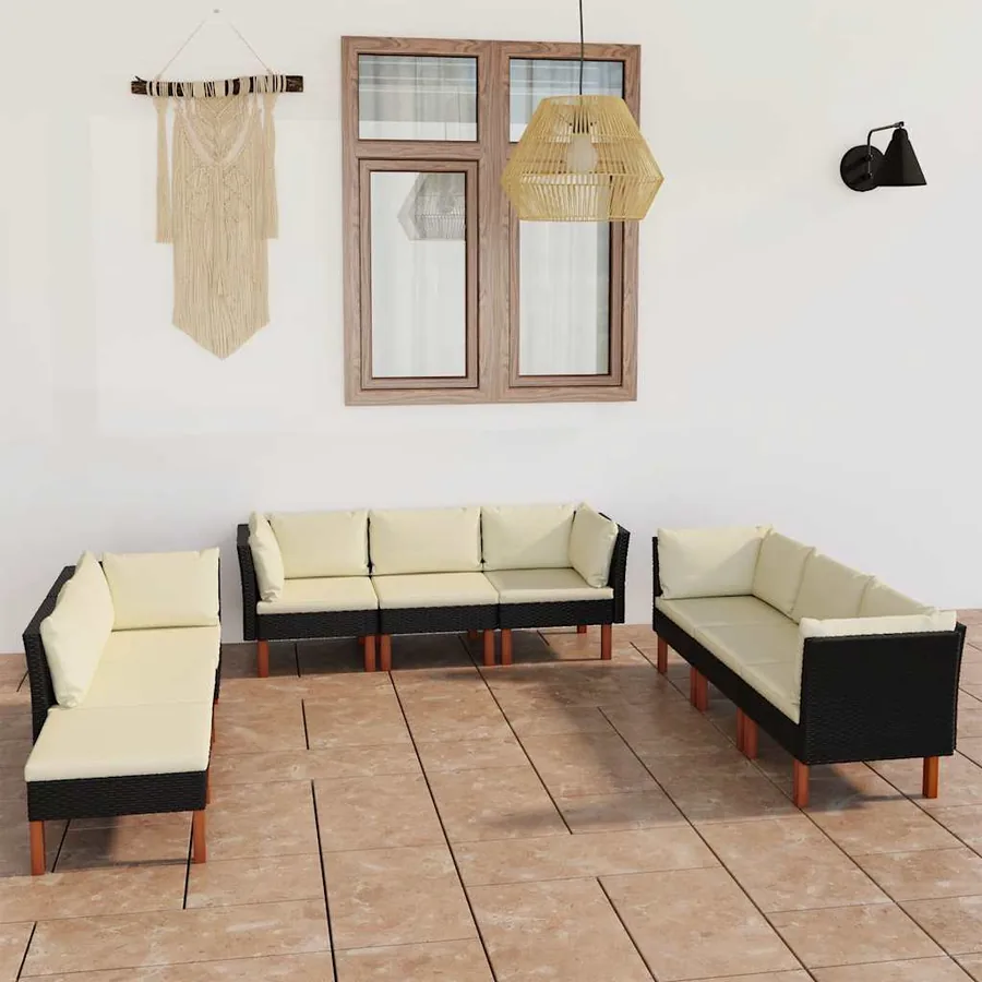 Salon de jardin 9 pcs avec coussins Résine tressée Noir
