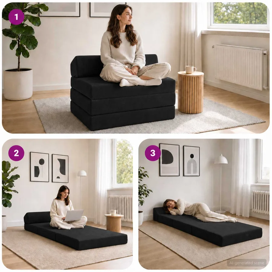 Canapé-lit pliable Noir 200 x 70 x 10 cm Velours - 7