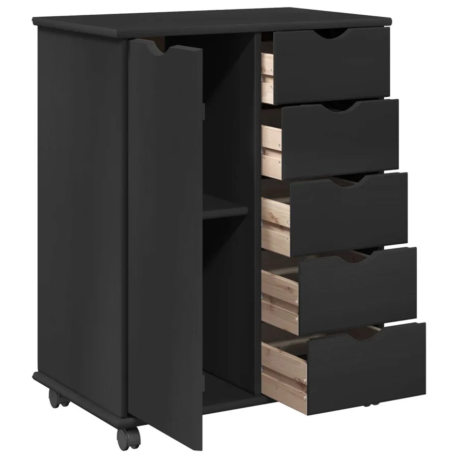 Cabinet roulant Noir 63,5 x 39 x 79 cm Bois de Pin Massif - 4