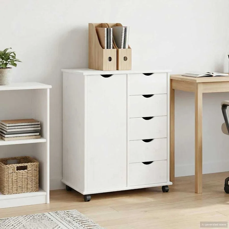 Cabinet roulant Blanc 63,5 x 39 x 79 cm Bois de Pin Massif
