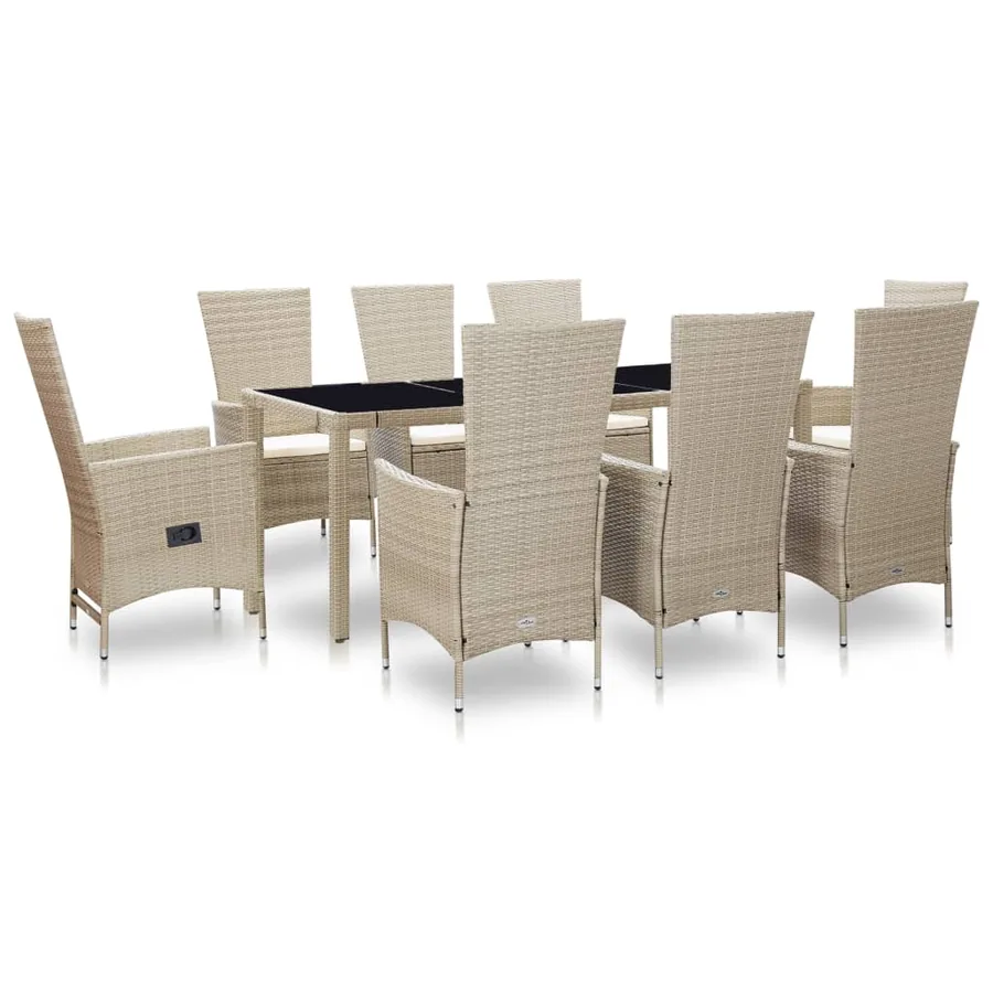 Ensemble à manger d'extérieur et coussins 9 pcs résine tressée