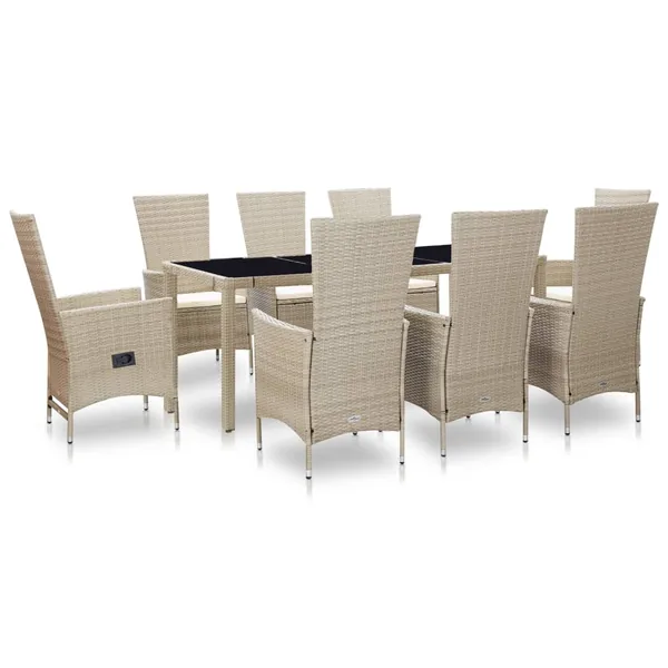 Ensemble à manger d'extérieur et coussins 9 pcs résine tressée