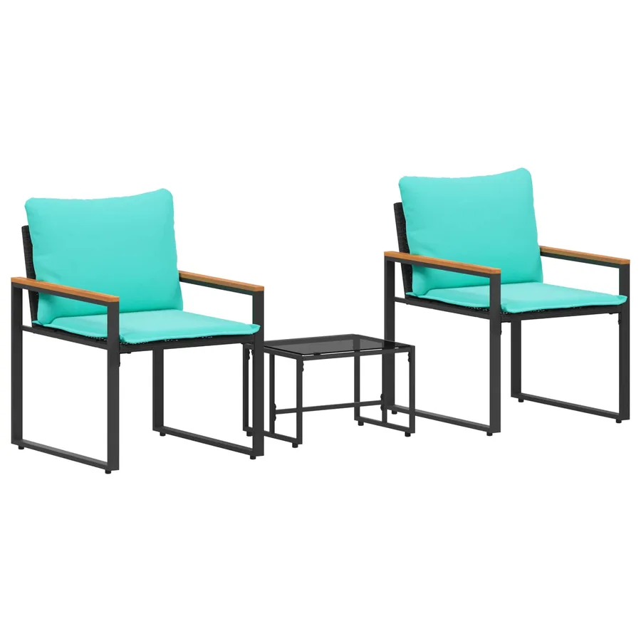 Ensembles de meubles avec coussin 3 pcs Noir et turquoise Rotin - 2