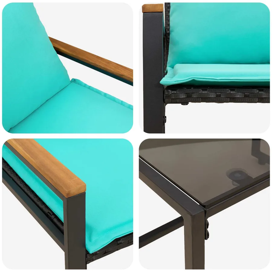 Ensembles de meubles avec coussin 3 pcs Noir et turquoise Rotin - 9