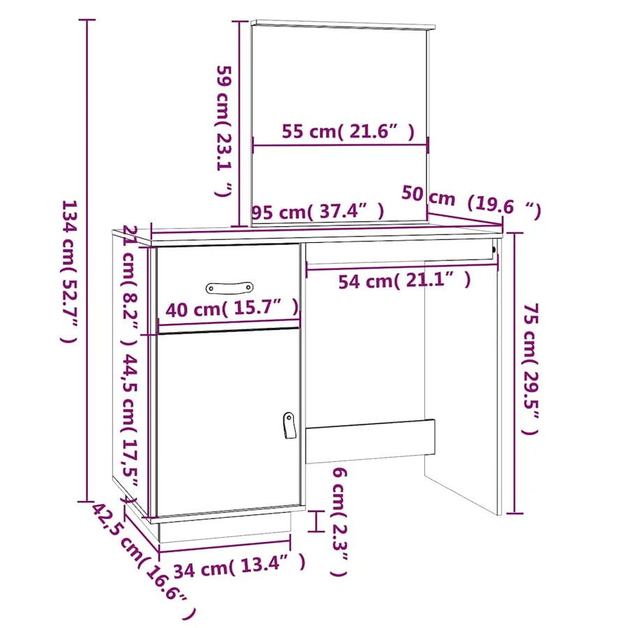 Coiffeuse Blanc 95x50x134 cm Bois de pin massif - 10