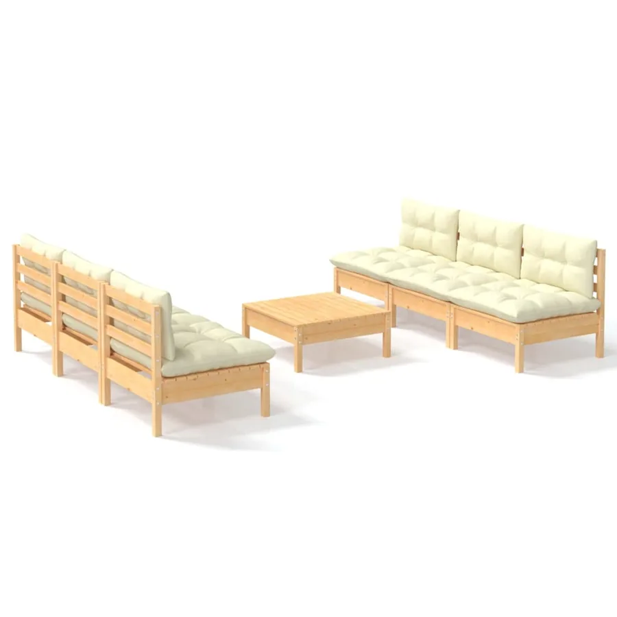 Salon de jardin 7 pcs avec coussins crème bois de pin - 2