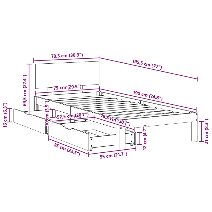 Cadre de lit Cire marron 70 x 190 cm Bois de Pin Massif - 10
