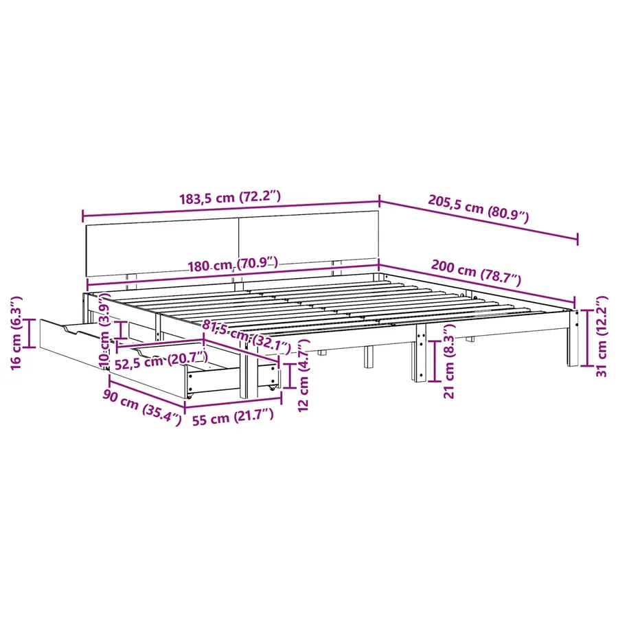 Cadre de lit Cire marron 180 x 200 cm Bois de Pin Massif - 8