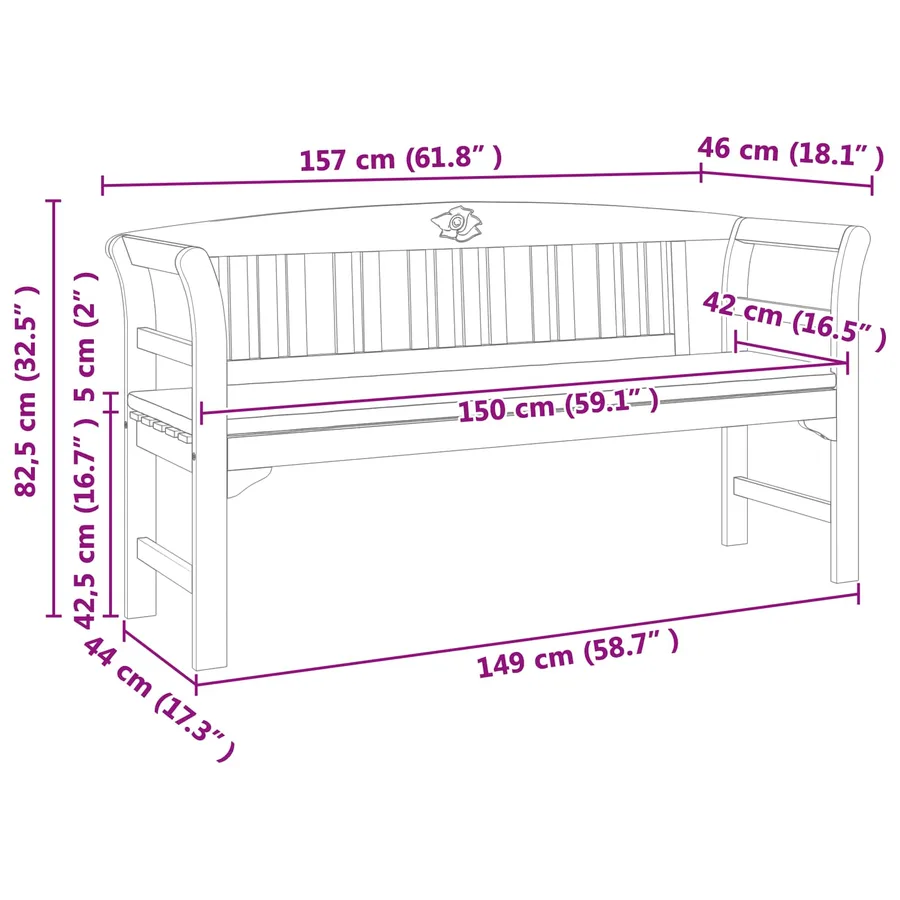 Banc rose Naturel 157 x 46 x 82,5 cm Bois d'Acacia Massif - 9