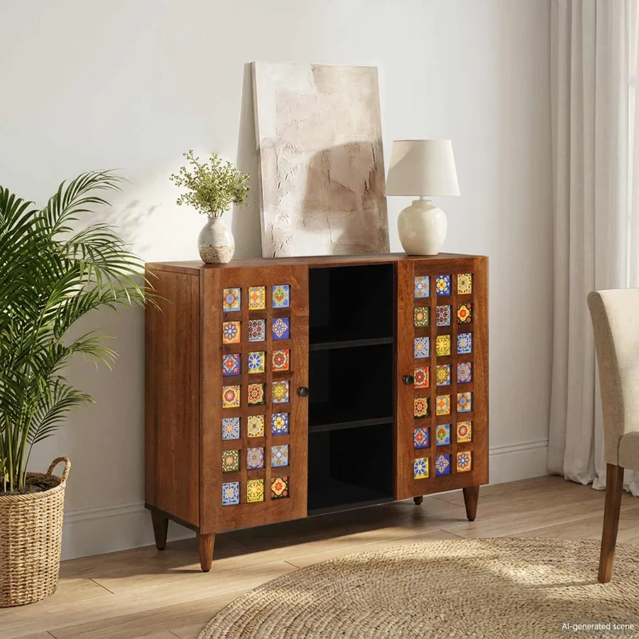 Buffet avec porte Noyer 90 x 33,5 x 75 cm Bois de mangue massif