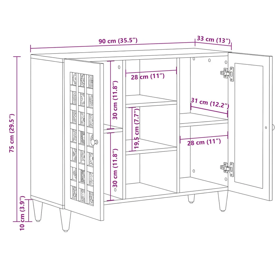 Buffet avec porte Noyer 90 x 33,5 x 75 cm Bois de mangue massif - 12