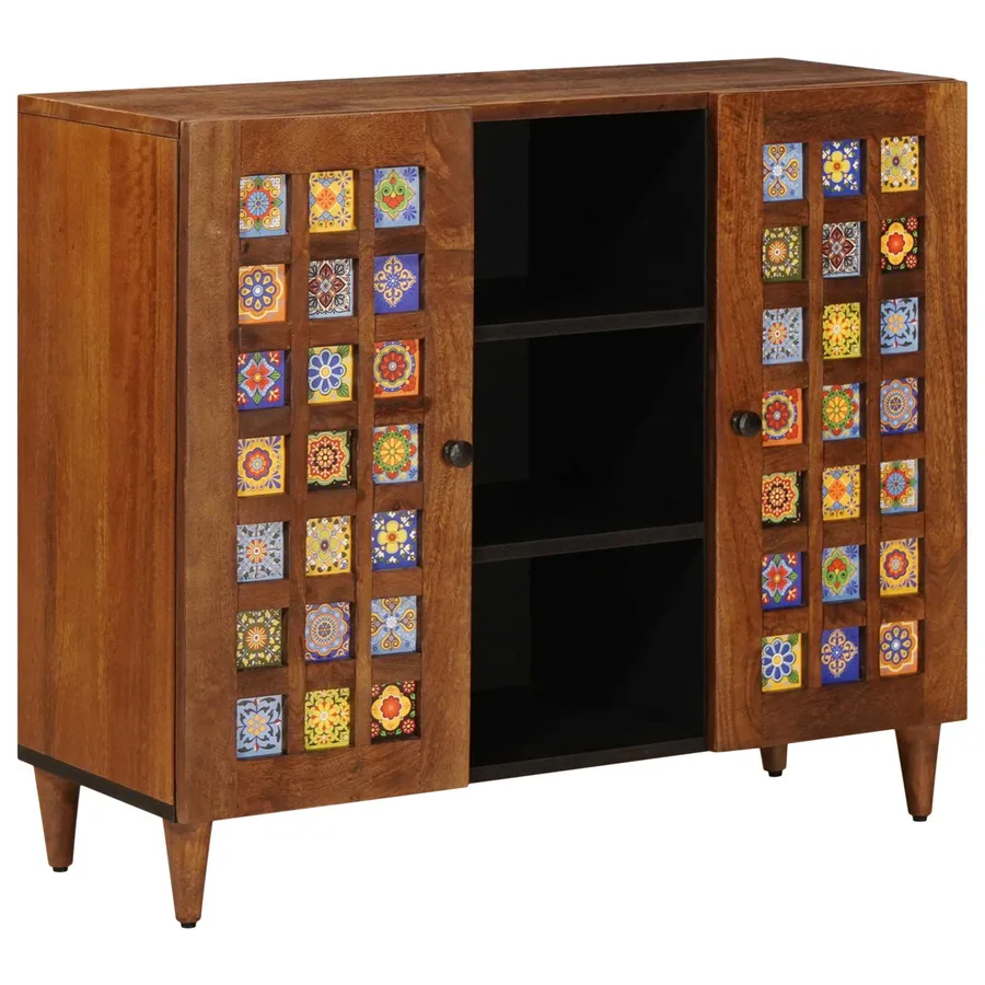 Buffet avec porte Noyer 90 x 33,5 x 75 cm Bois de mangue massif - 2