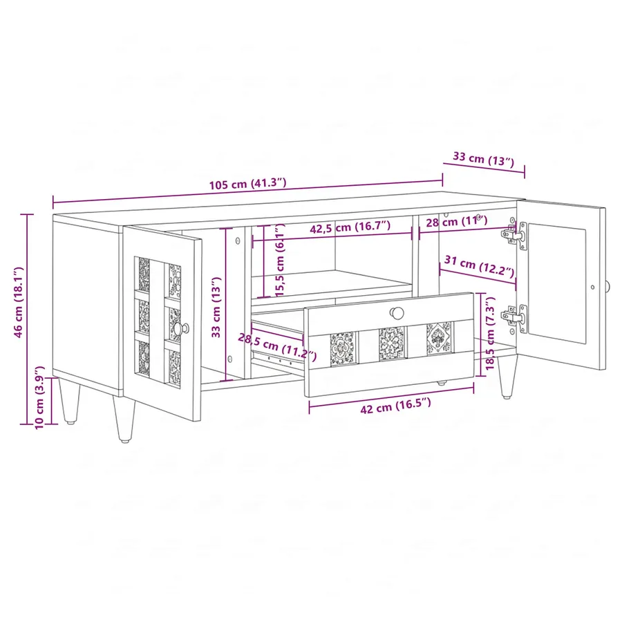 Meuble TV Noyer 105 x 33 x 46 cm Bois de mangue massif - 12