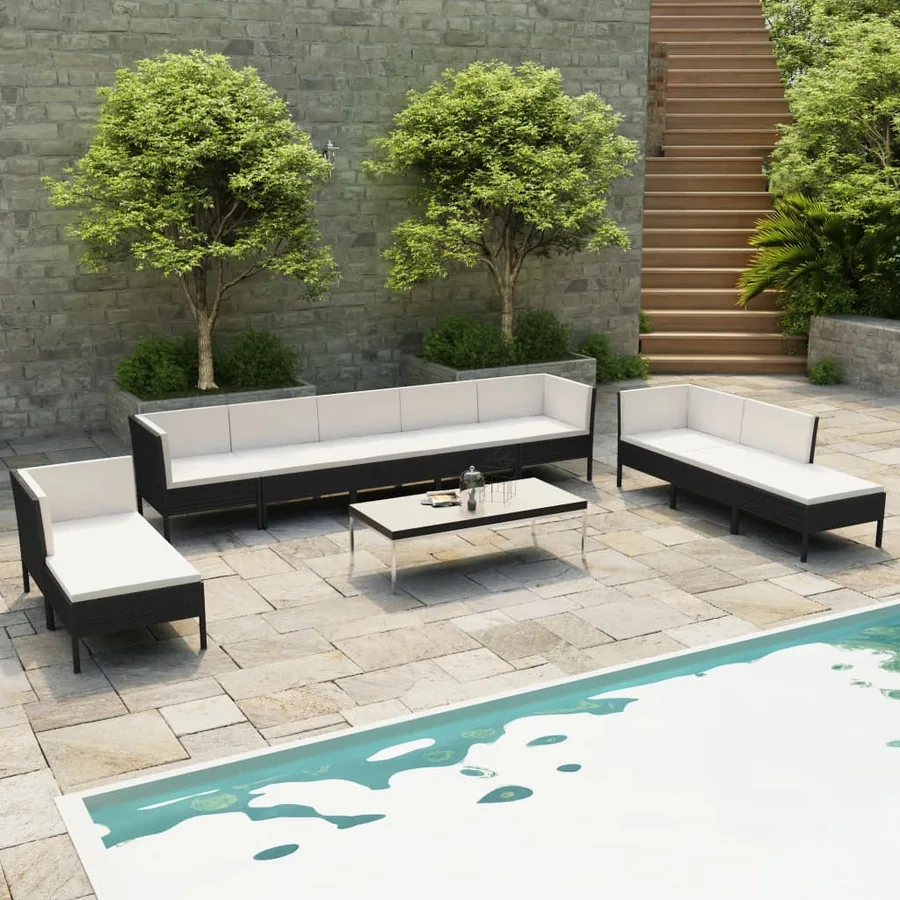 Salon de jardin 10 pcs avec coussins Résine tressée Noir