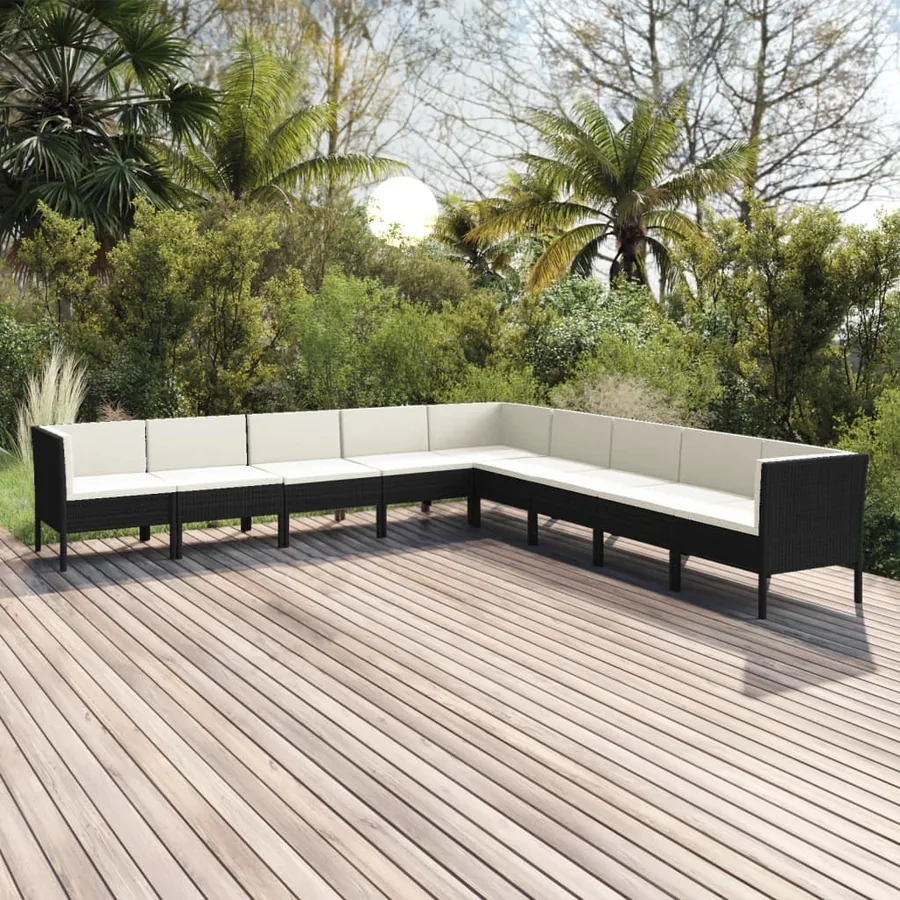 Salon de jardin 9 pcs avec coussins Résine tressée Noir
