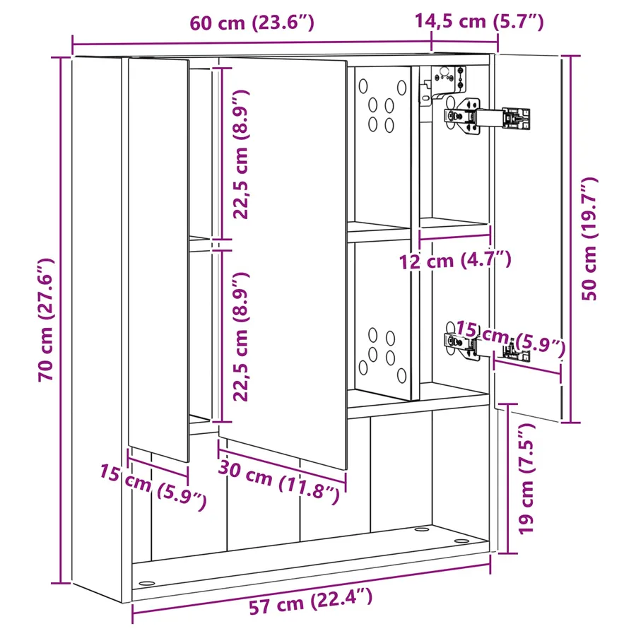 Armoire Miroir de Salle de Bain Chêne noir 60 x 14.5 x 70 cm - 11