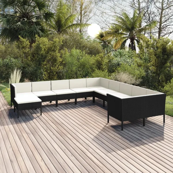 Salon de jardin 11 pcs avec coussins Résine tressée Noir
