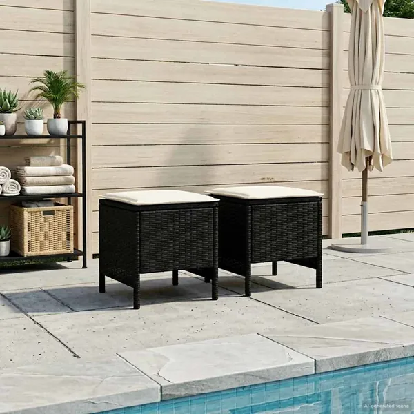 Pouf de Jardin 2 Pièce Noir et Crème 38 x 38 x 45 cm Rotin PE