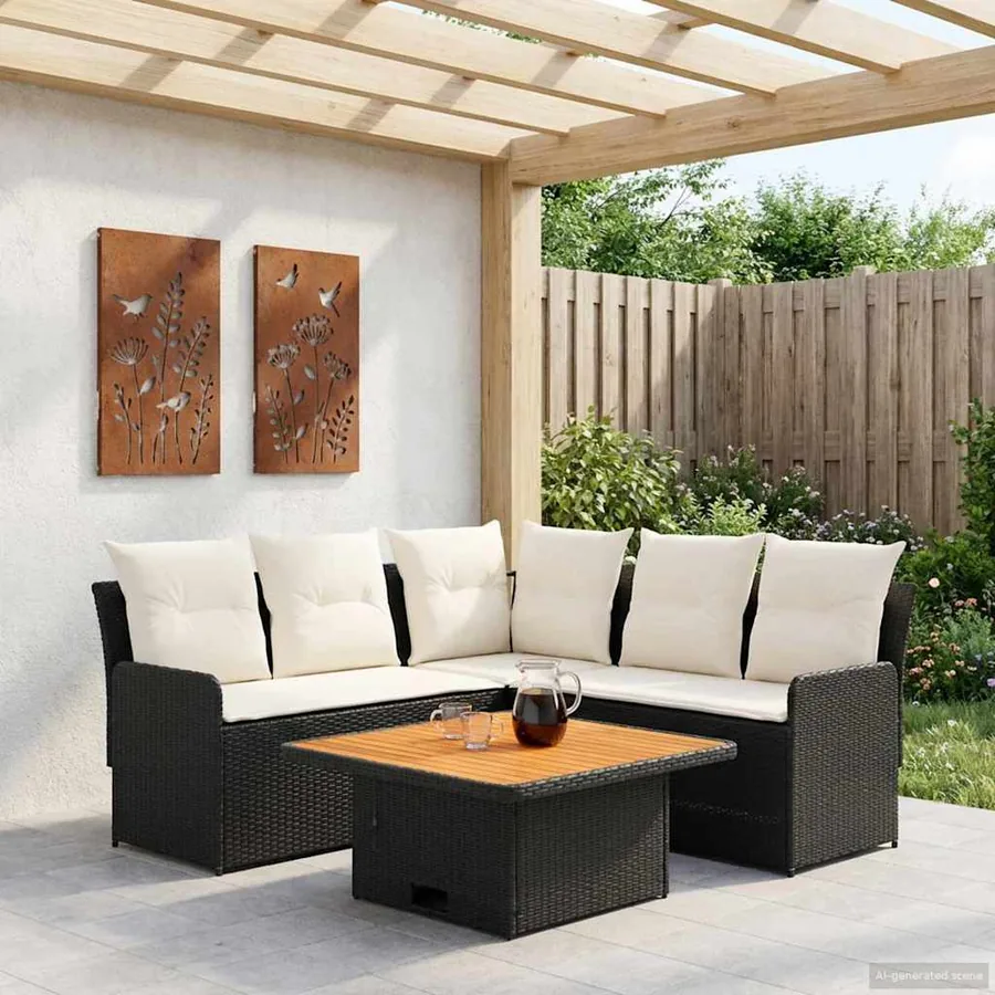 Ensembles de meubles avec oreiller 4 pcs Noir et Crème Rotin PE