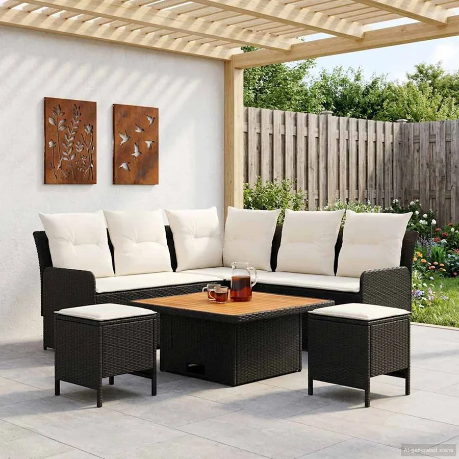 Ensembles de meubles avec oreiller 6 pcs Noir et Crème Rotin PE
