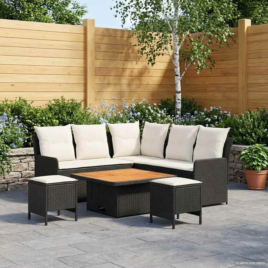 Ensembles de meubles avec oreiller 6 pcs Noir et Crème Rotin PE - 3