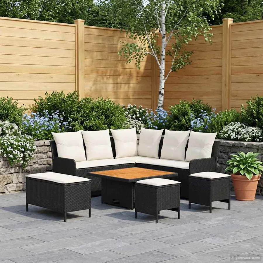 Ensembles de meubles avec oreiller 7 pcs Noir et Crème Rotin PE