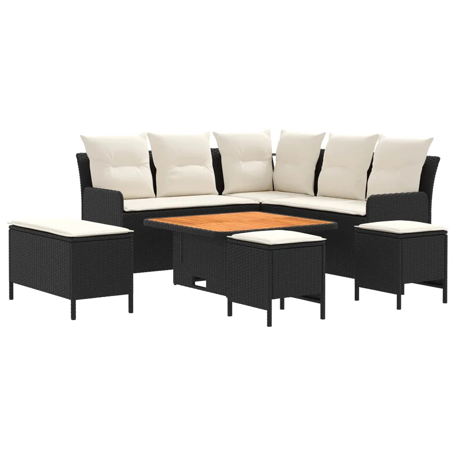 Ensembles de meubles avec oreiller 7 pcs Noir et Crème Rotin PE - 2