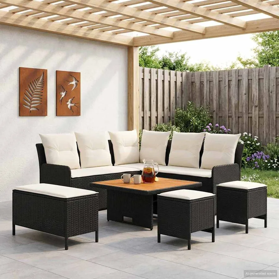 Ensembles de meubles avec oreiller 7 pcs Noir et Crème Rotin PE - 3