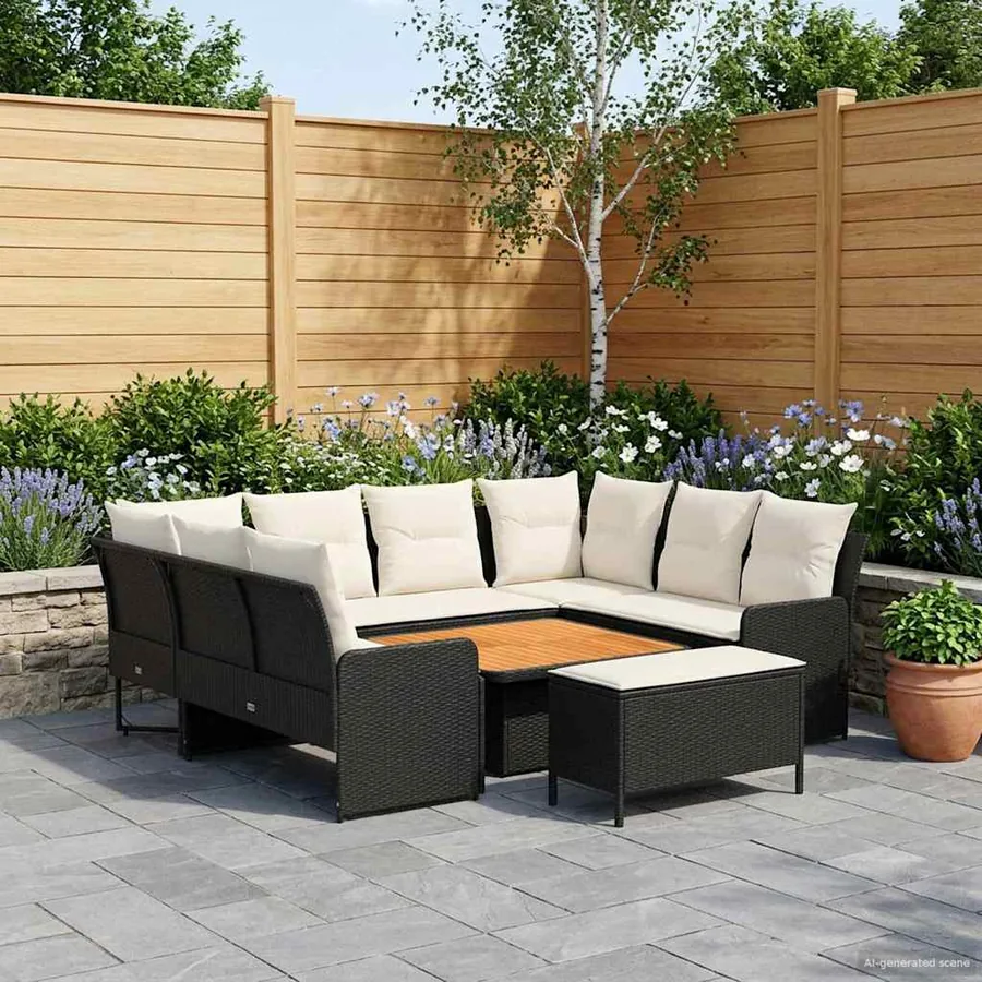 Ensembles de meubles avec oreiller 7 pcs Noir et Crème Rotin PE