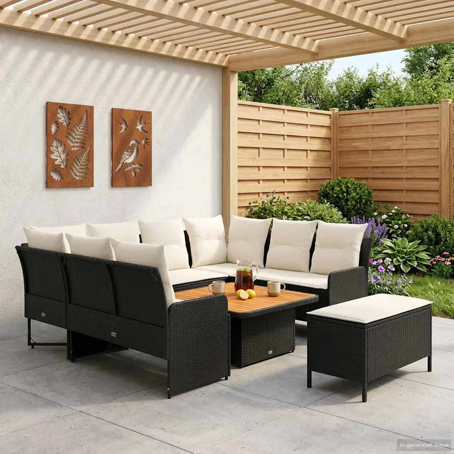 Ensembles de meubles avec oreiller 7 pcs Noir et Crème Rotin PE - 3
