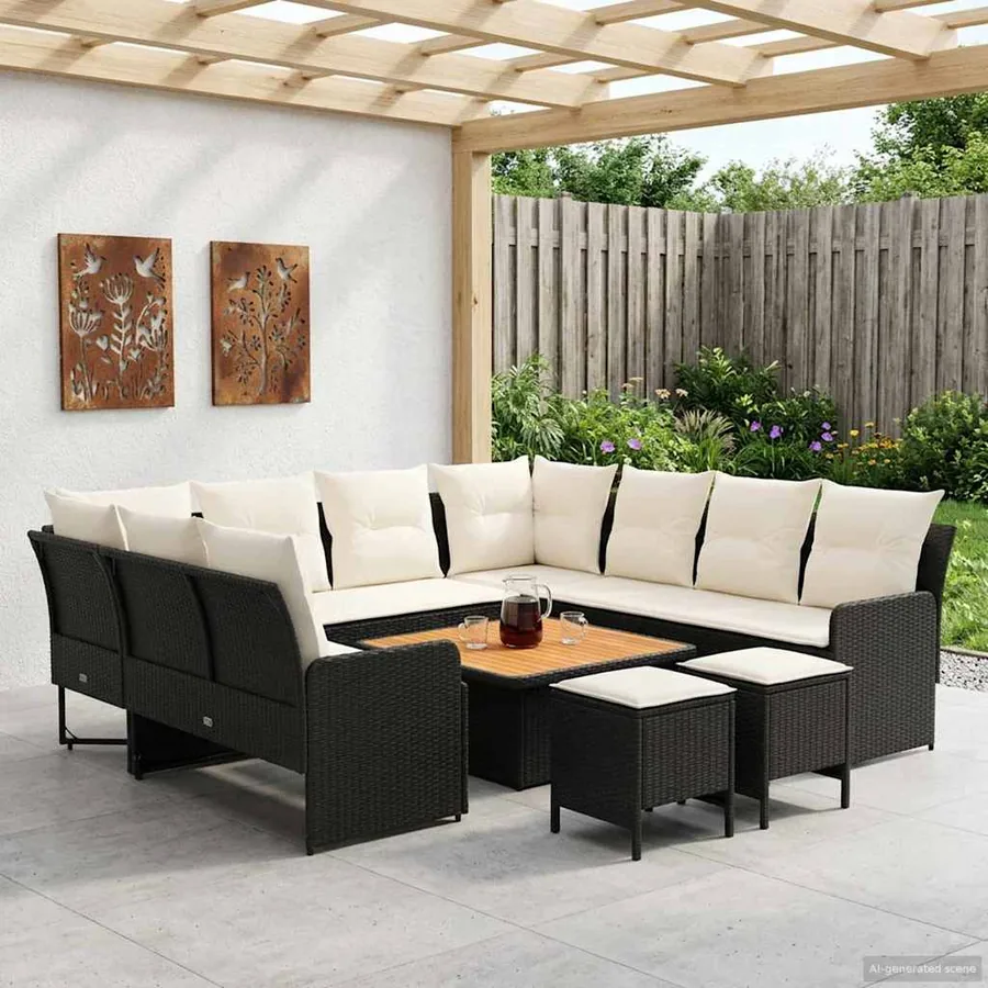 Ensembles de meubles avec oreiller 8 pcs Noir et Crème Rotin PE