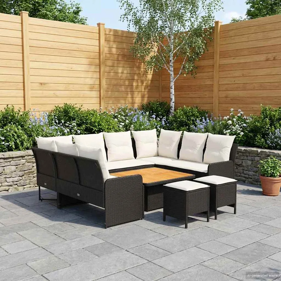 Ensembles de meubles avec oreiller 8 pcs Noir et Crème Rotin PE - 3