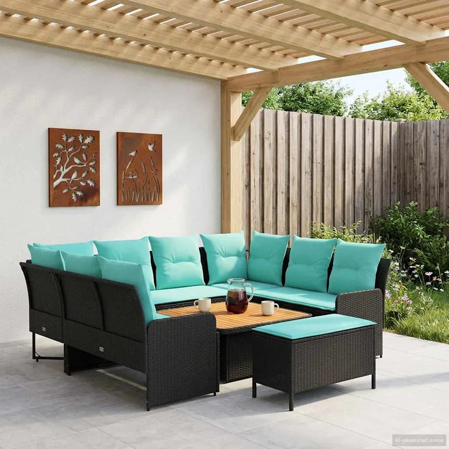 Ensembles de meubles 7 pcs Noir et turquoise Rotin PE