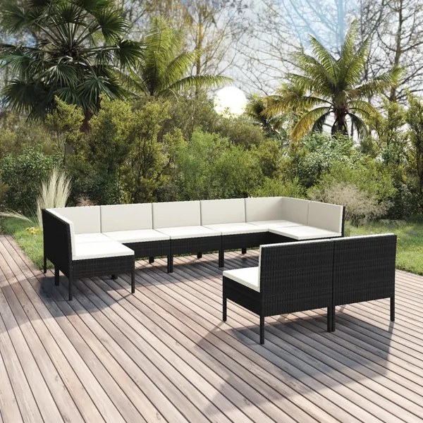 Salon de jardin 9 pcs avec coussins Résine tressée Noir