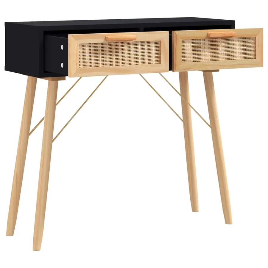 Table console Noir 80x30x75 cm Bois massif pin /rotin naturel - 3